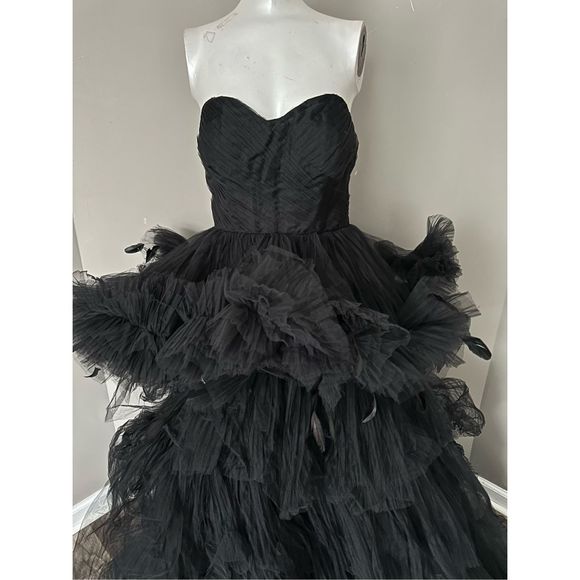 MAC DUGGAL STRAPLESS TULLE GOWN WITH FEATHER DETAIL - Picture 6 of 10